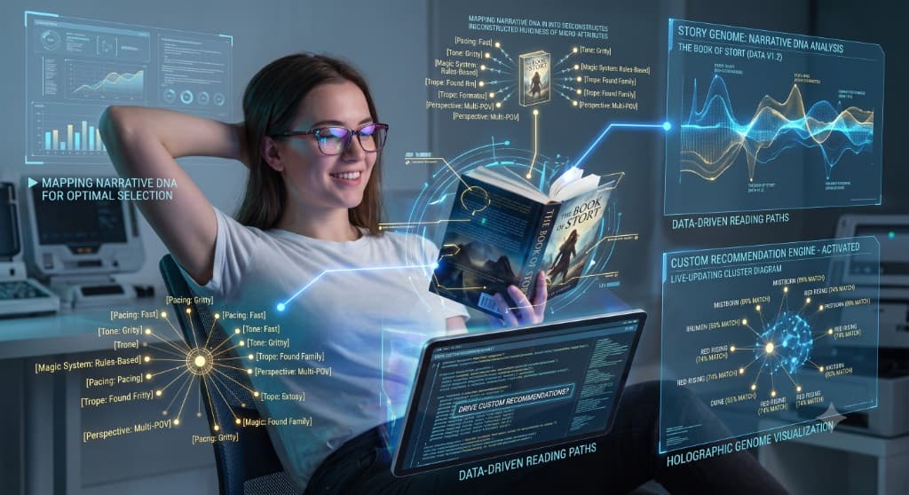 Reader with a book beside holographic story-genome panels mapping narrative DNA and custom recommendations